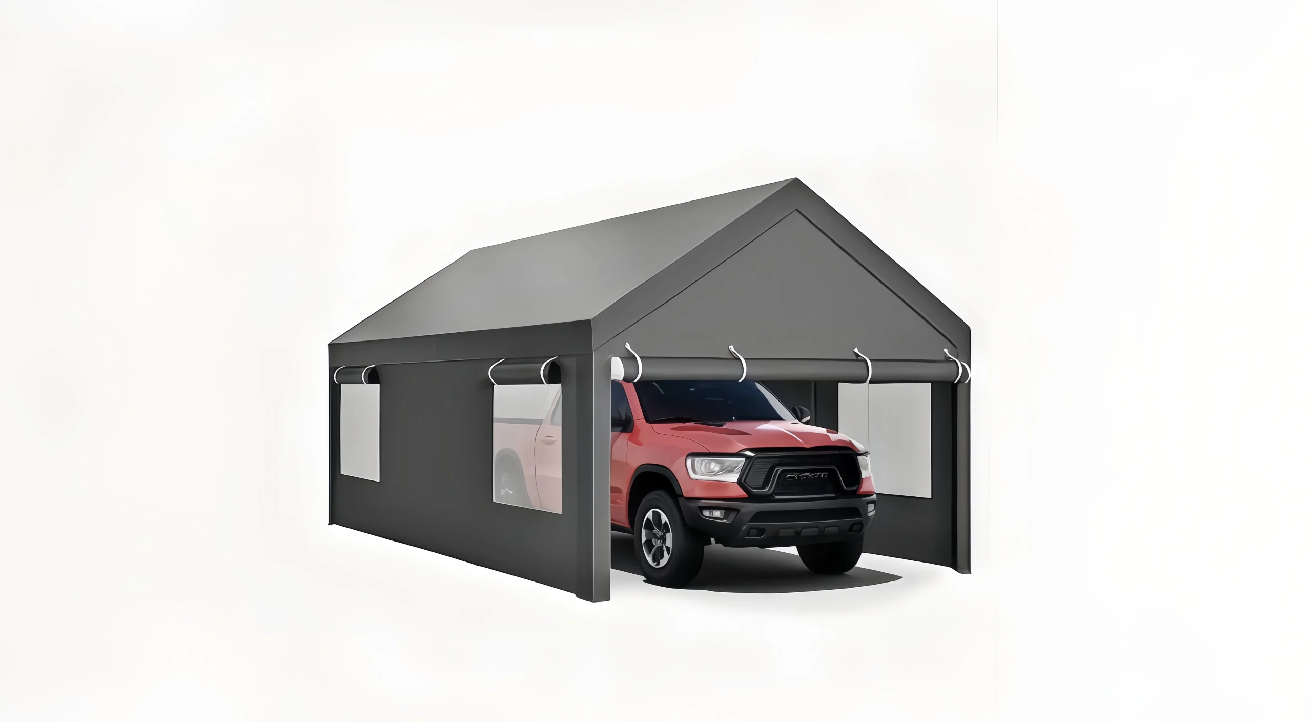 Carport canopy sheltering a red truck with side walls and a peaked roof