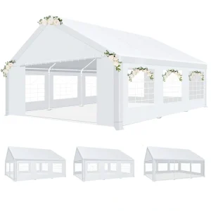 White carport canopy with floral decorations and large windows for outdoor events