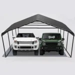 Carport canopy sheltering two vehicles, a white truck and a green SUV.