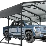 Carport canopy sheltering a blue pickup truck from the elements