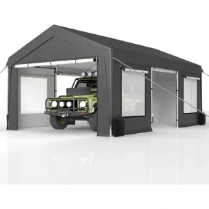 Carport canopy sheltering a green off-road vehicle with side windows.