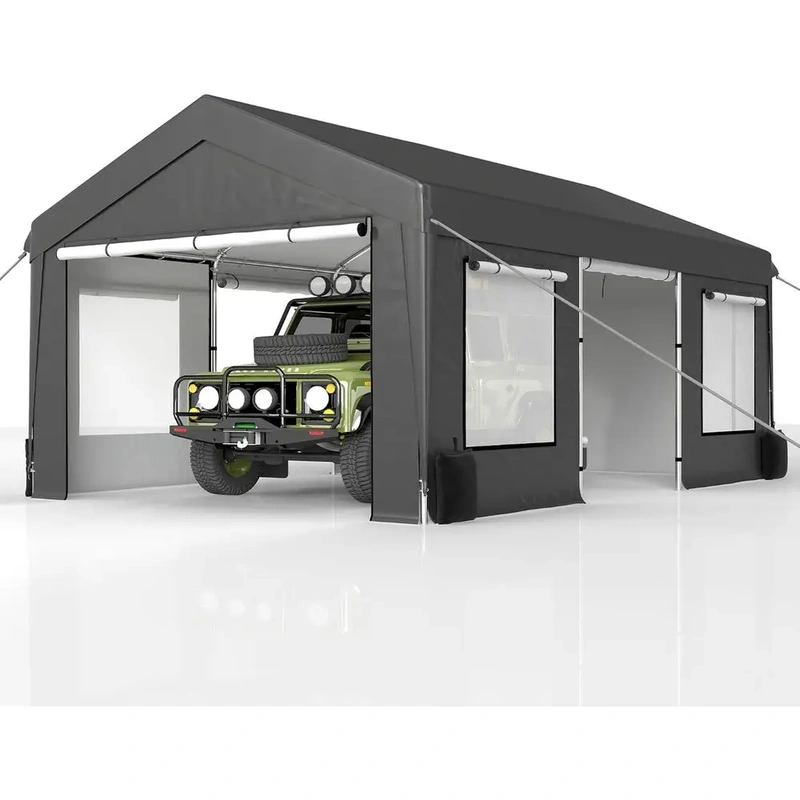heavy-duty-portable-carportcanopy-shelter-banner-1 Carport canopy sheltering a green off-road vehicle with side windows.