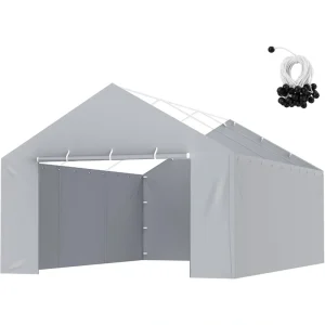 Gray carport canopy with sidewalls and securing ropes for outdoor use