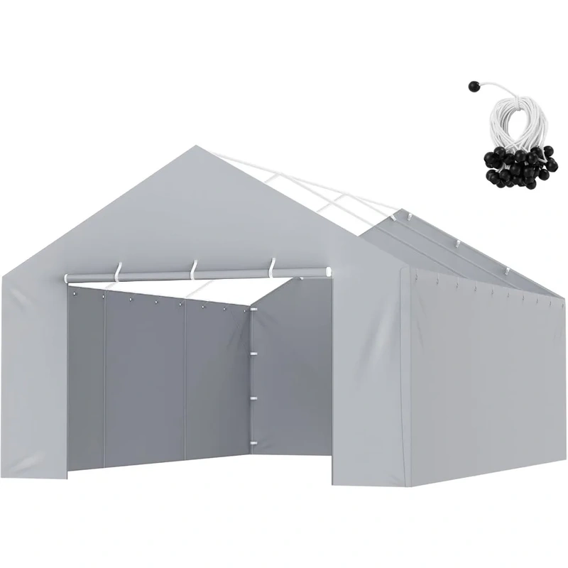 heavy-duty-waterproof-carportcanopy-13x20ft-banner-1 Gray carport canopy with sidewalls and securing ropes for outdoor use