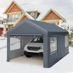 Carport canopy providing shelter for a car in snowy residential setting