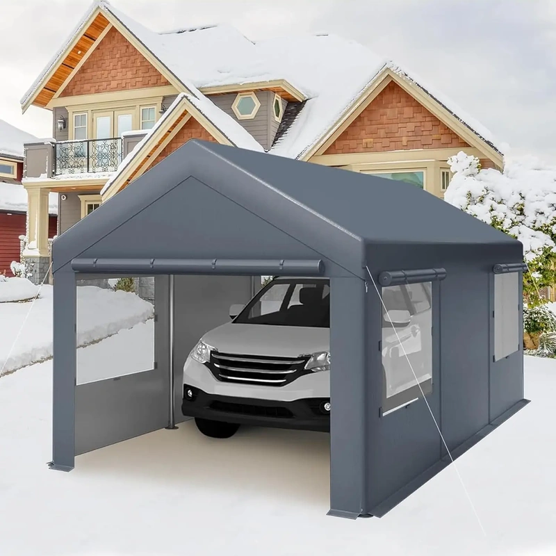 portable-steel-carport-canopy-with-sidewalls-banner-1 Carport canopy providing shelter for a car in snowy residential setting
