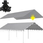 Carport canopy with gray cover and assembly details shown above